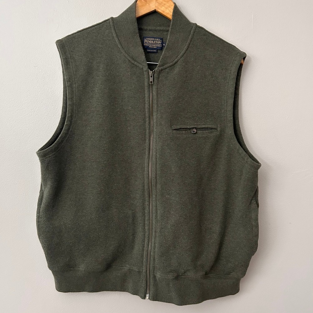 Pendleton Sweater Vest‎ Mens XL Olive Green Mock Neck Full Zip Cotton Layering
